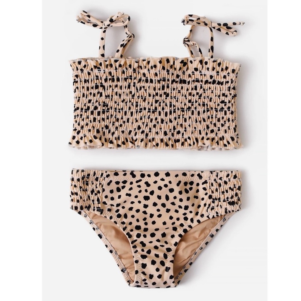 Shade Critters Girls Smocked Leopard Animal Print 2 Piece Bikini Swim Suit Sz 6